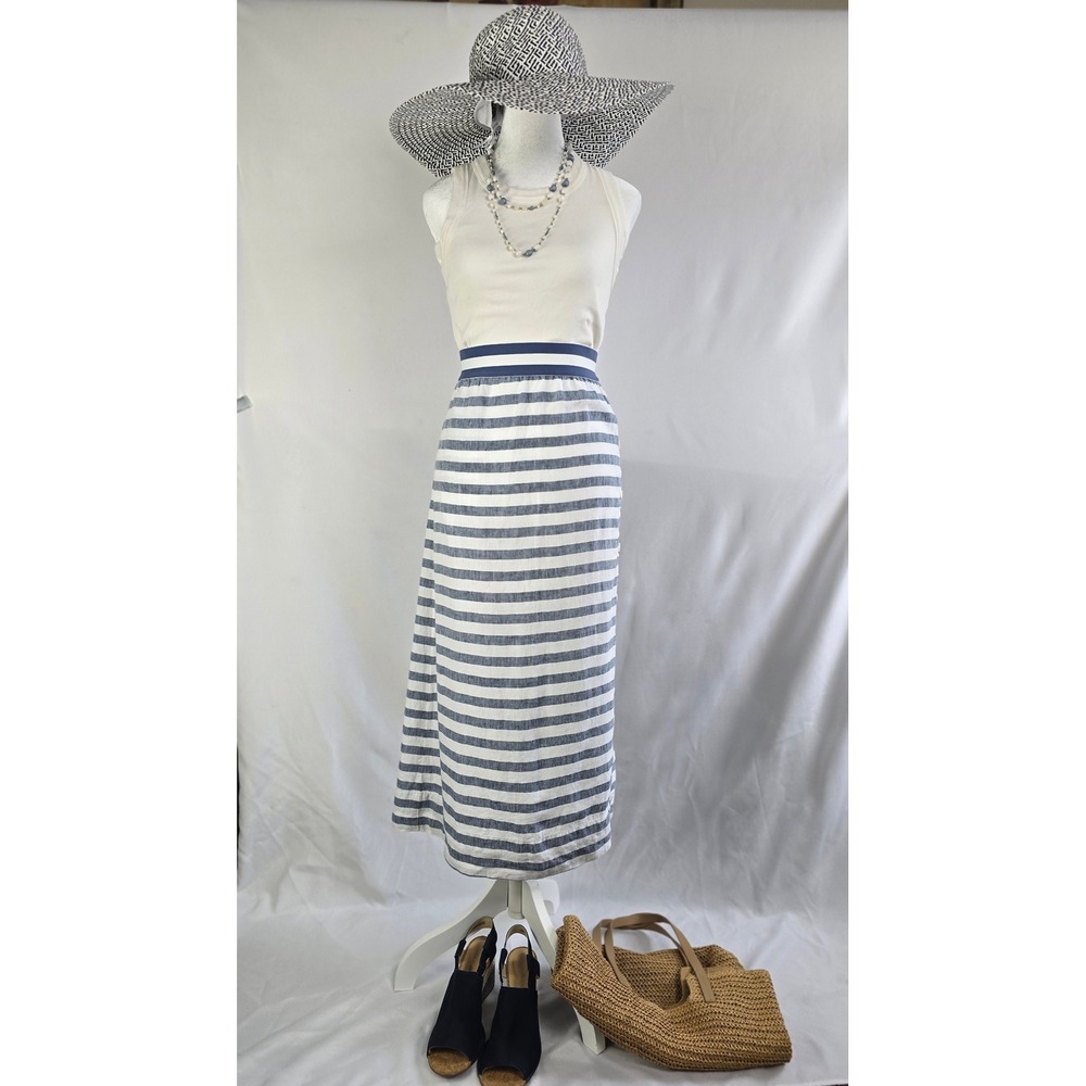 J. Jill Love Linen Blue White Striped‎ Maxi Skirt Womens Medium Elastic Waist